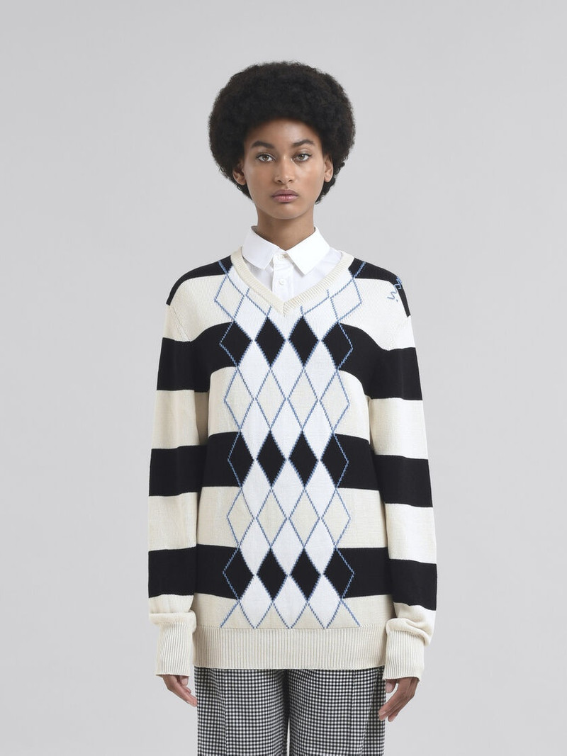Marni BLACK AND WHITE STRIPED ARGYLE COTTON JUMPER outlook