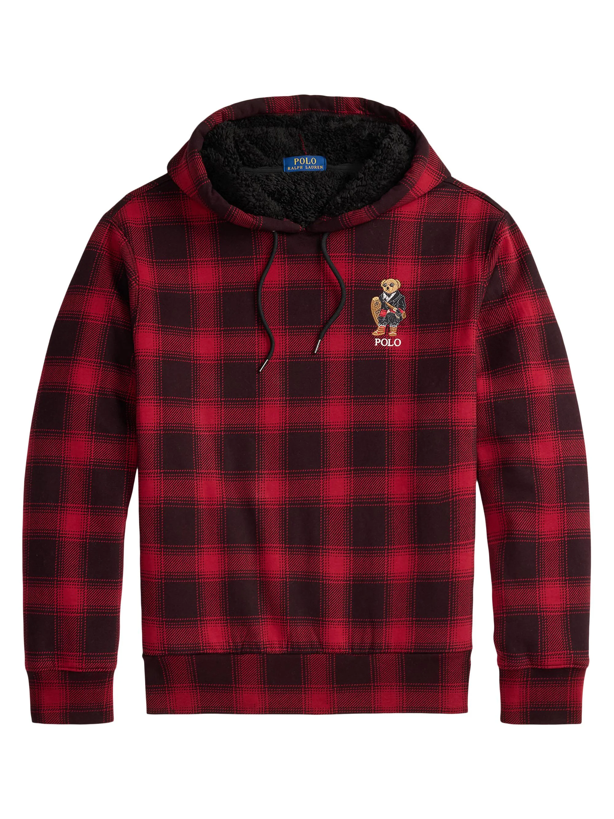 Men's Plaid Faux-Fur-Lined Cotton Hoodie - Lodge Holiday Bear - 1