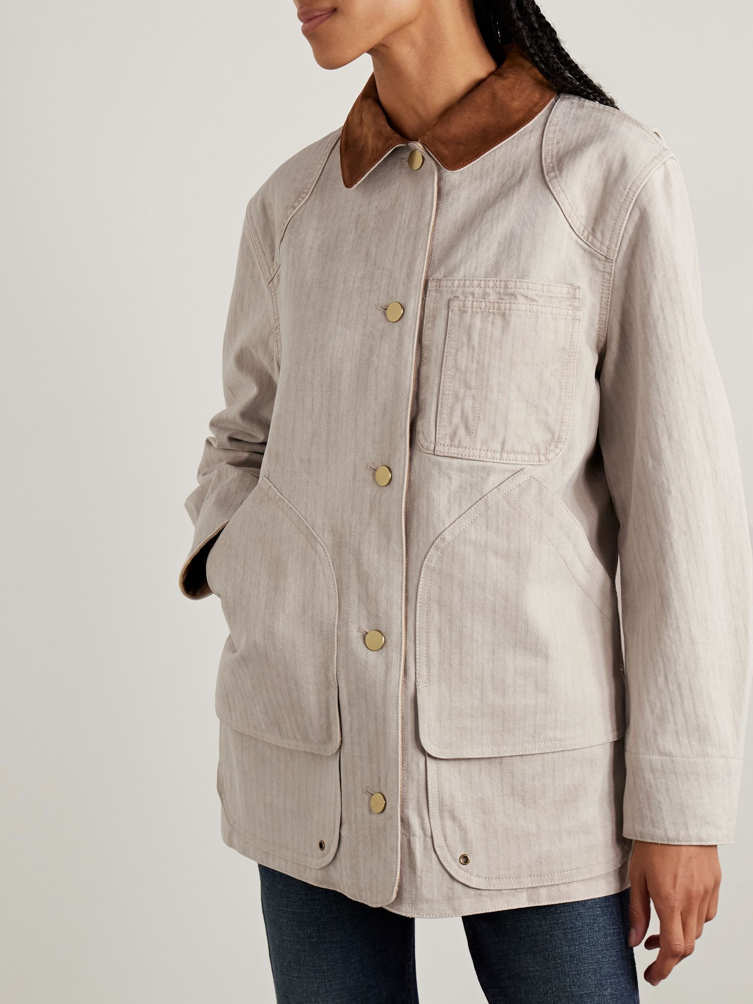 Abbas suede-trimmed herringbone cotton jacket Ecru - 3