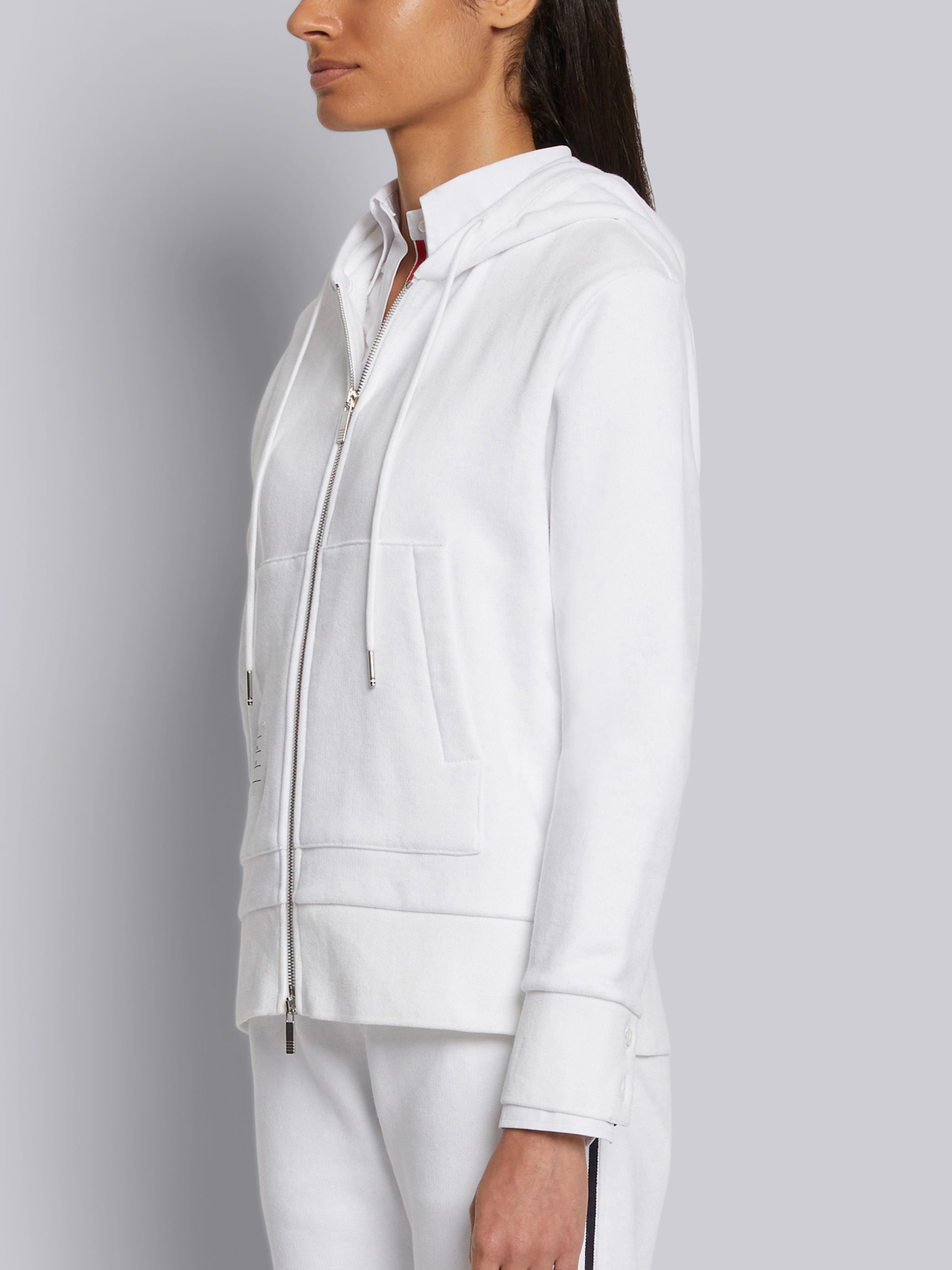 White Classic Loopback Cotton Center Back Stripe Zip-up Hoodie - 2