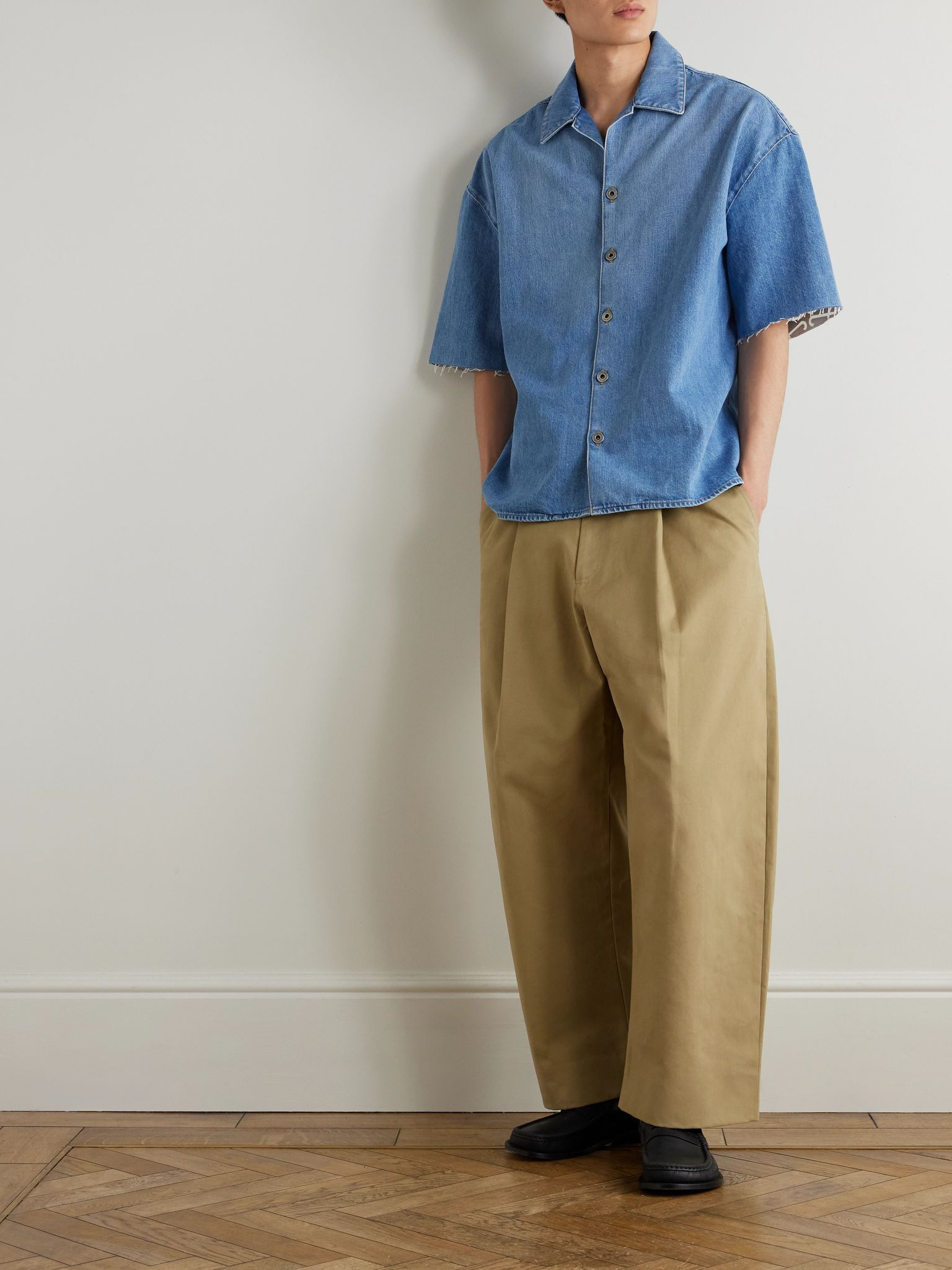 Camp-Collar Cutout Frayed Denim Shirt Blue - 2