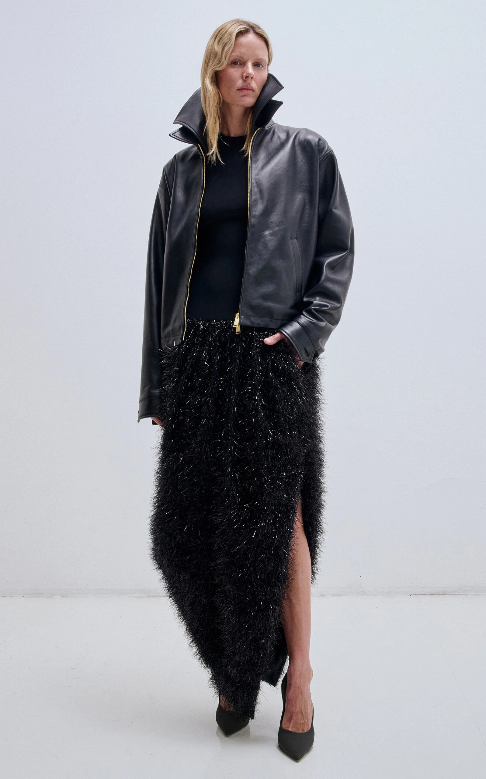 Mabel Leather Double-Collar Bomber Jacket black - 1
