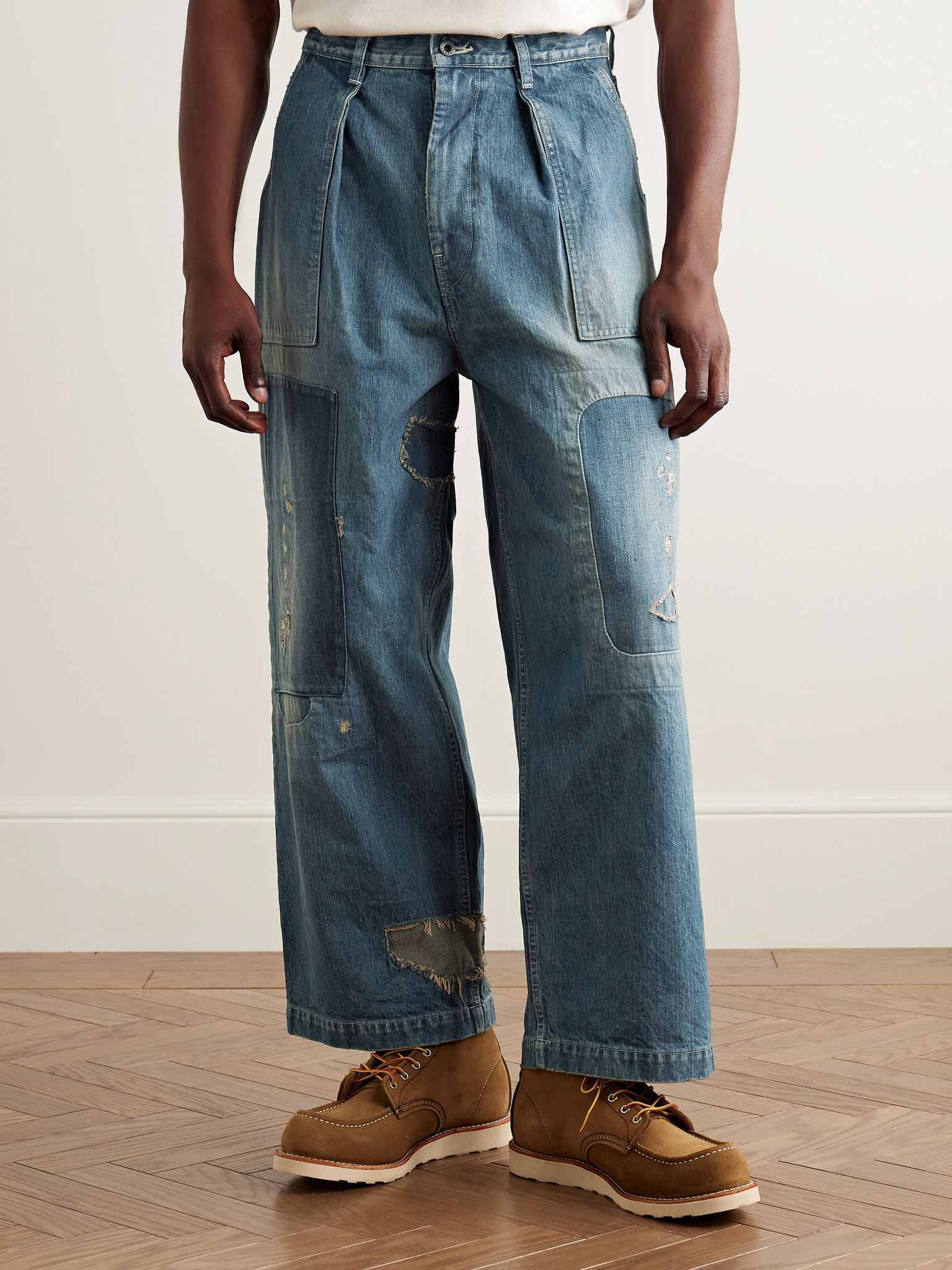 Rushfield Remake Wide-Leg Panelled Distressed Jeans Blue - 3