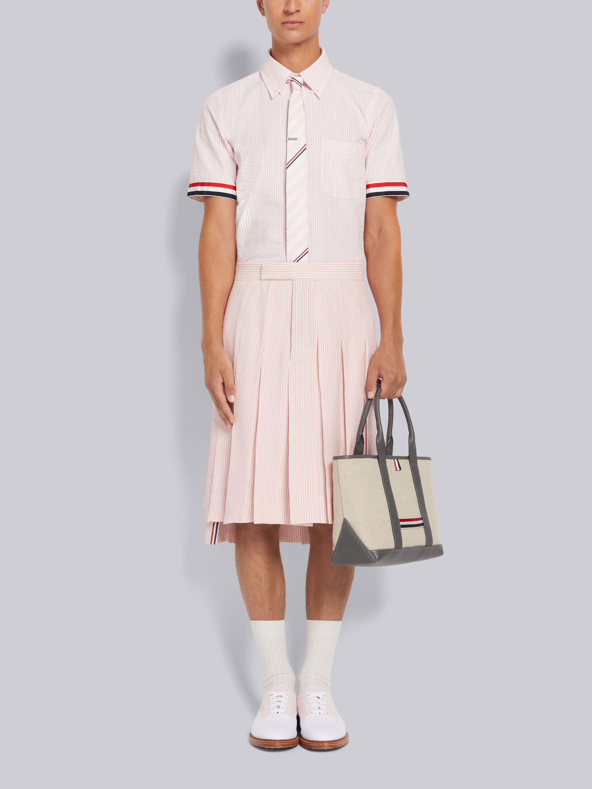 Light Pink Seersucker Grosgrain Cuff Point Collar Straight Fit Short Sleeve Shirt - 5