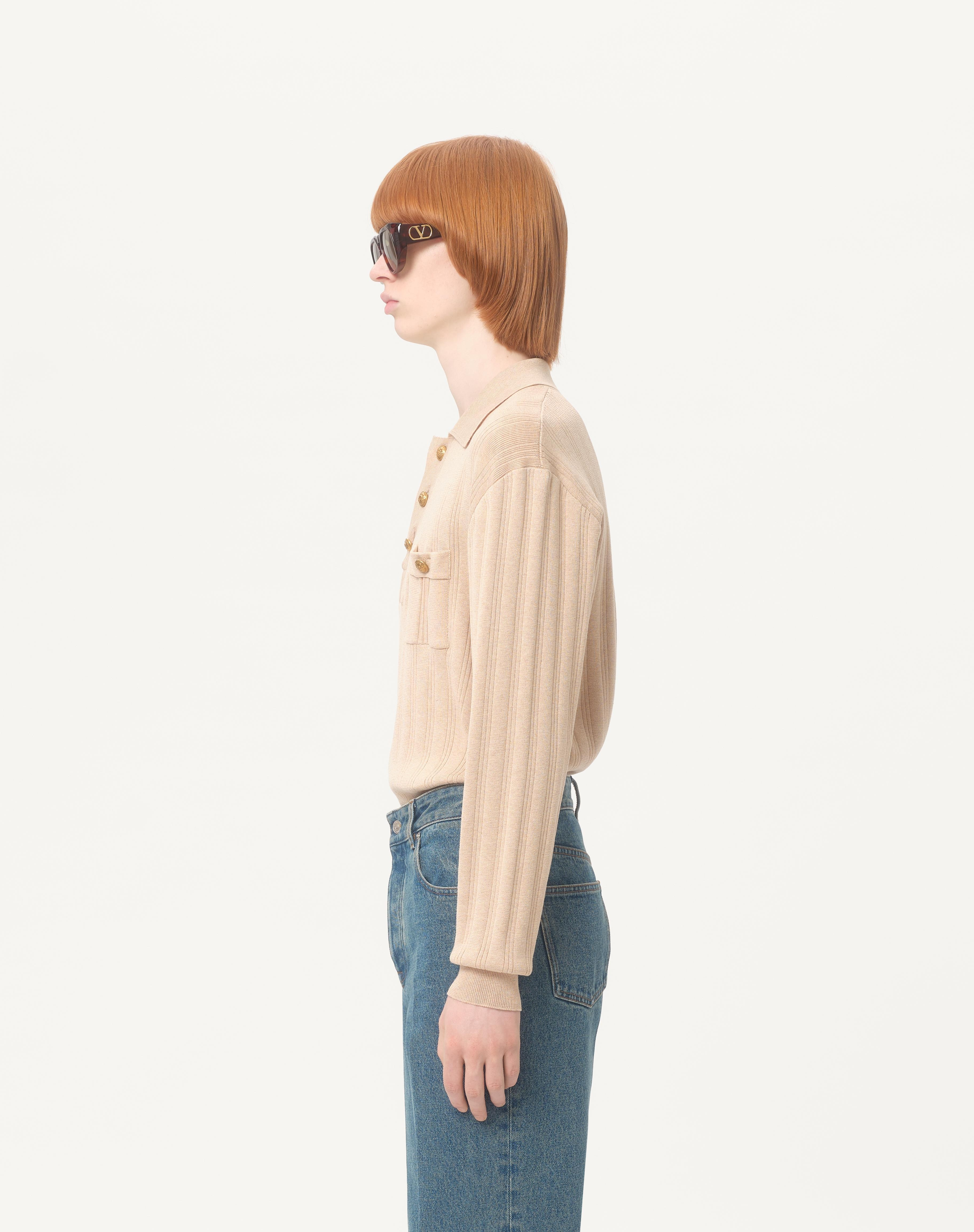 LONG-SLEEVED RIBBED COTTON POLO SHIRT - 5