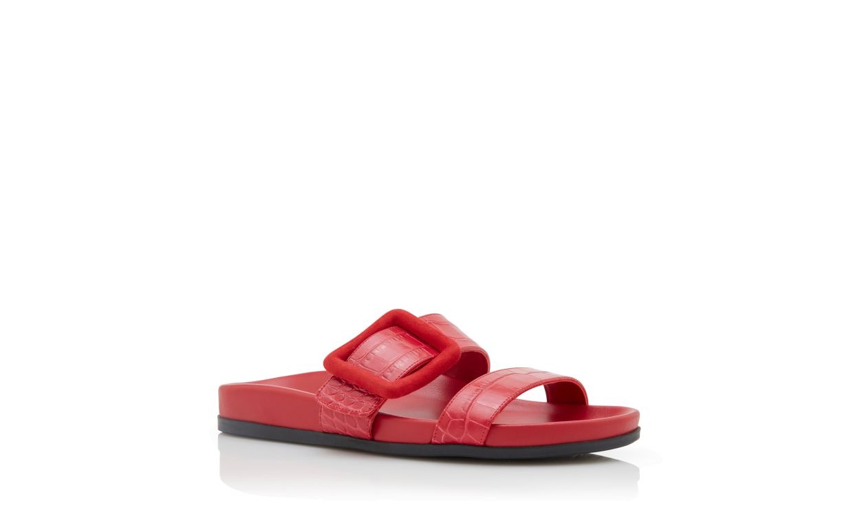 Red Calf Leather Buckle Detail Flat Mules - 3