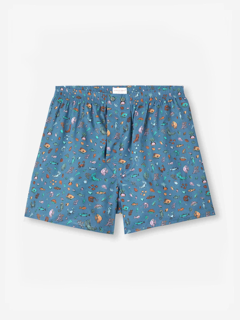 Derek Rose Men's Classic Fit Boxers Cotton Batiste Blue Sea Friends Print outlook