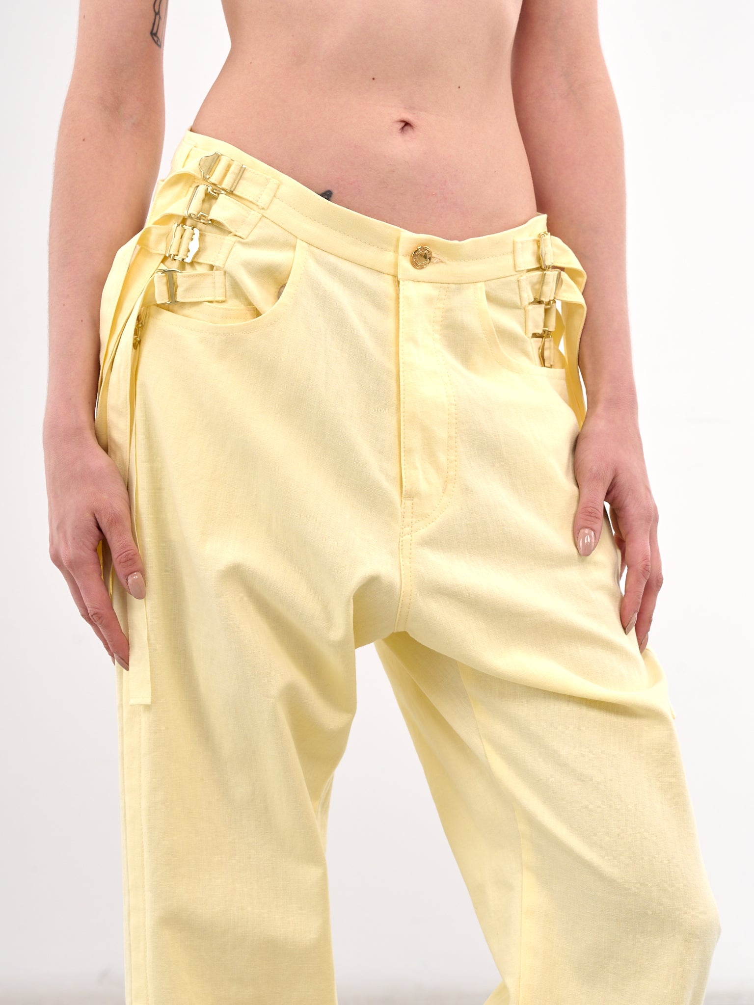 Yellow Belted Cotton-Linen Jeans - 5