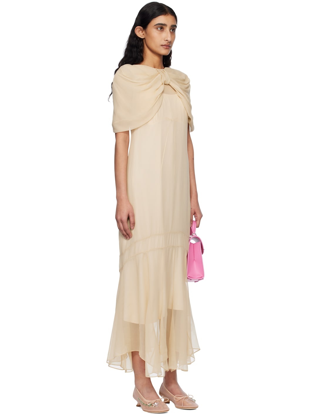 Beige Extended Bow Multi-Seam Maxi Dress - 2