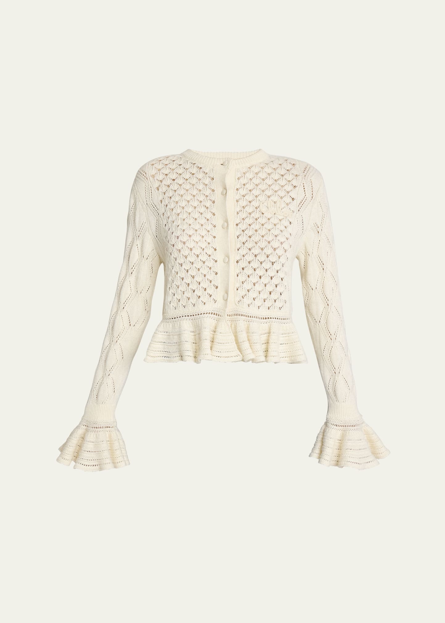 Open-Knit Ruffle Crewneck Cardigan - 1