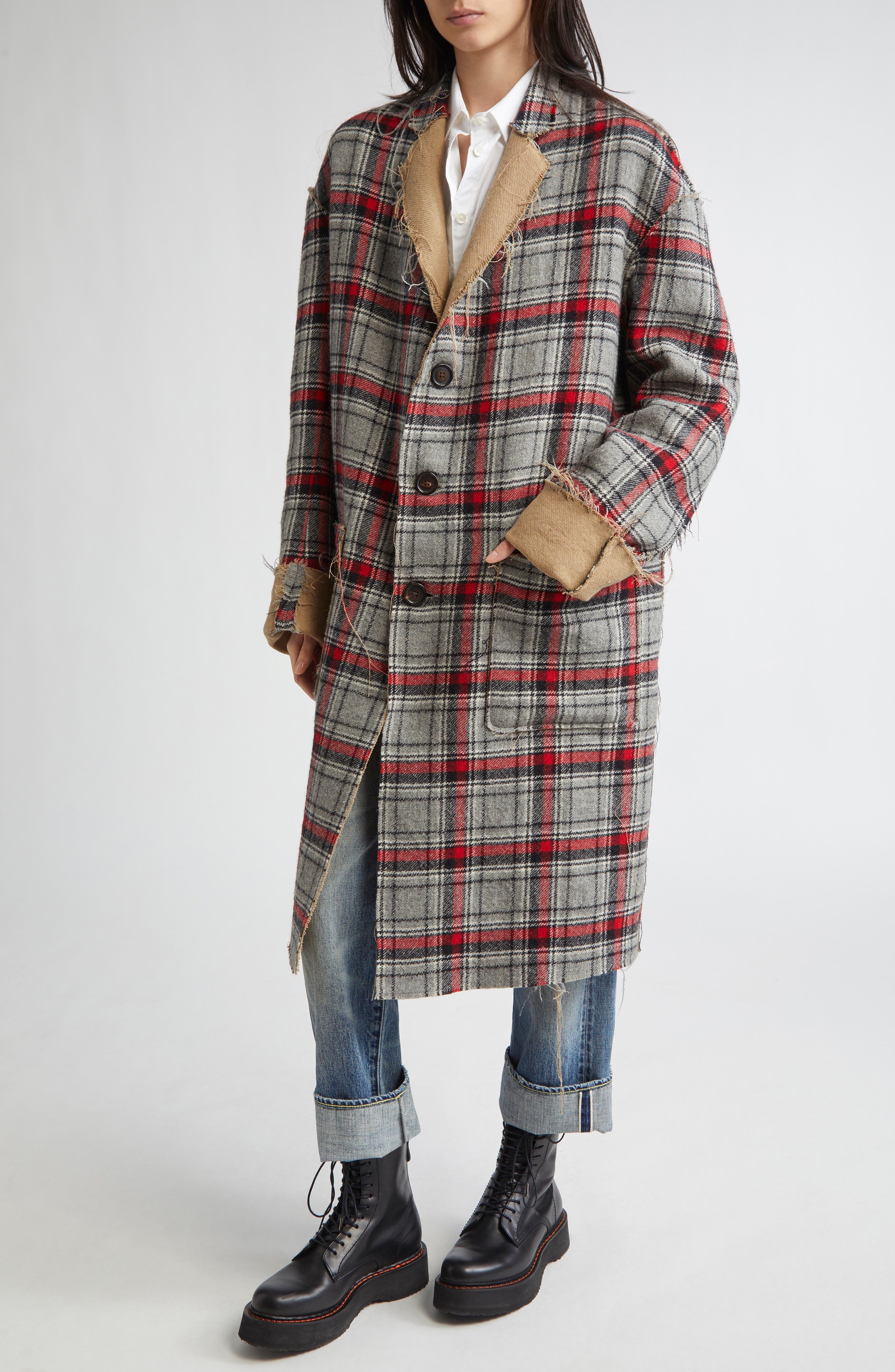 R13 Reversible Raw Cut Cotton & Virgin Wool Coat in Red/Grey Plaid at Nordstrom - 6