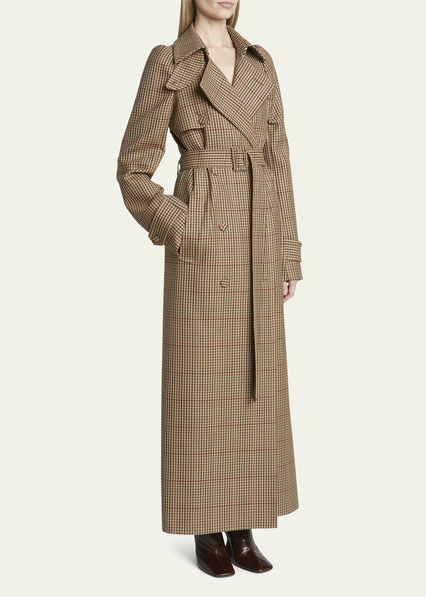 Remis Wool Check Belted Trench Coat - 4