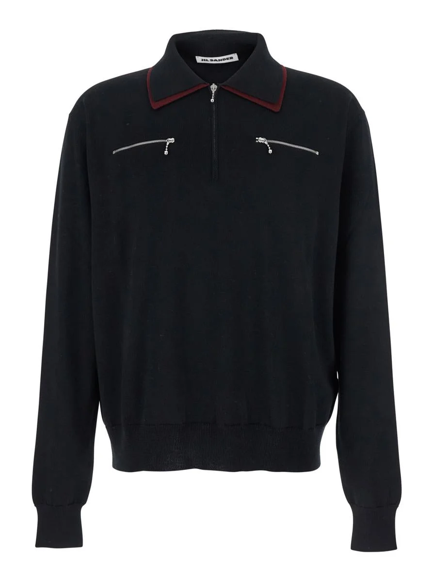 Jil Sander Black Sweater With Classic Collar And Front Zip Pockets In Wool Man - 1