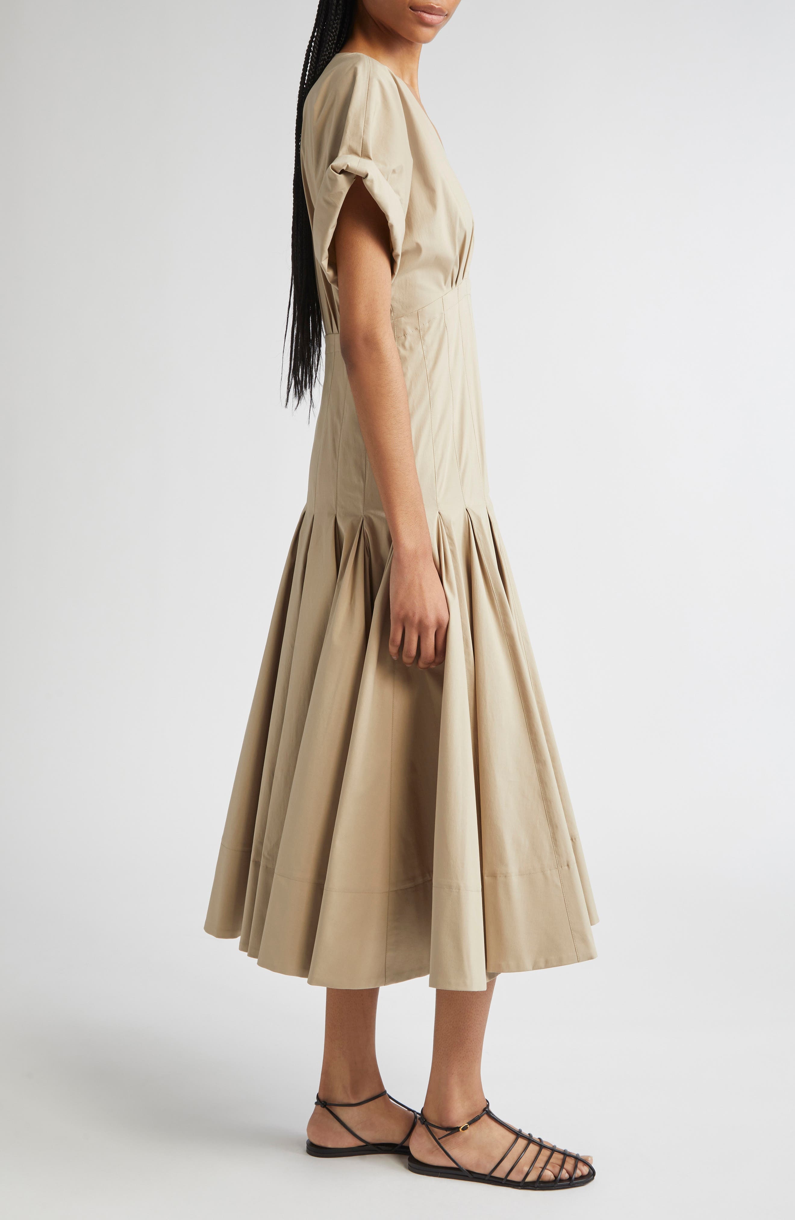 Proenza Schouler Ciara Pintuck Stretch Poplin Fit & Flare Midi Dress in Khaki at Nordstrom - 3