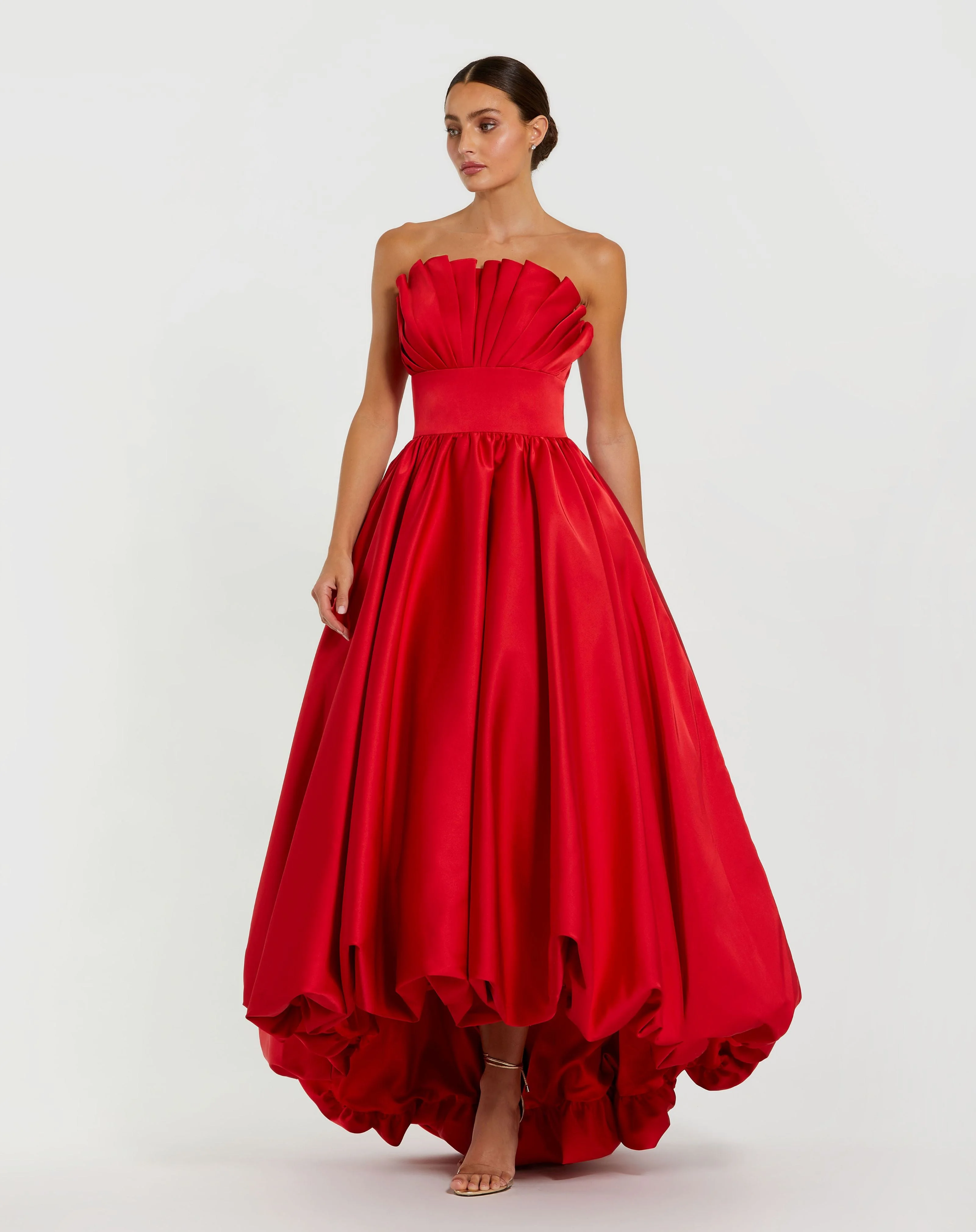 Red Strapless Bubble Hem High Low Ball Gown - 1