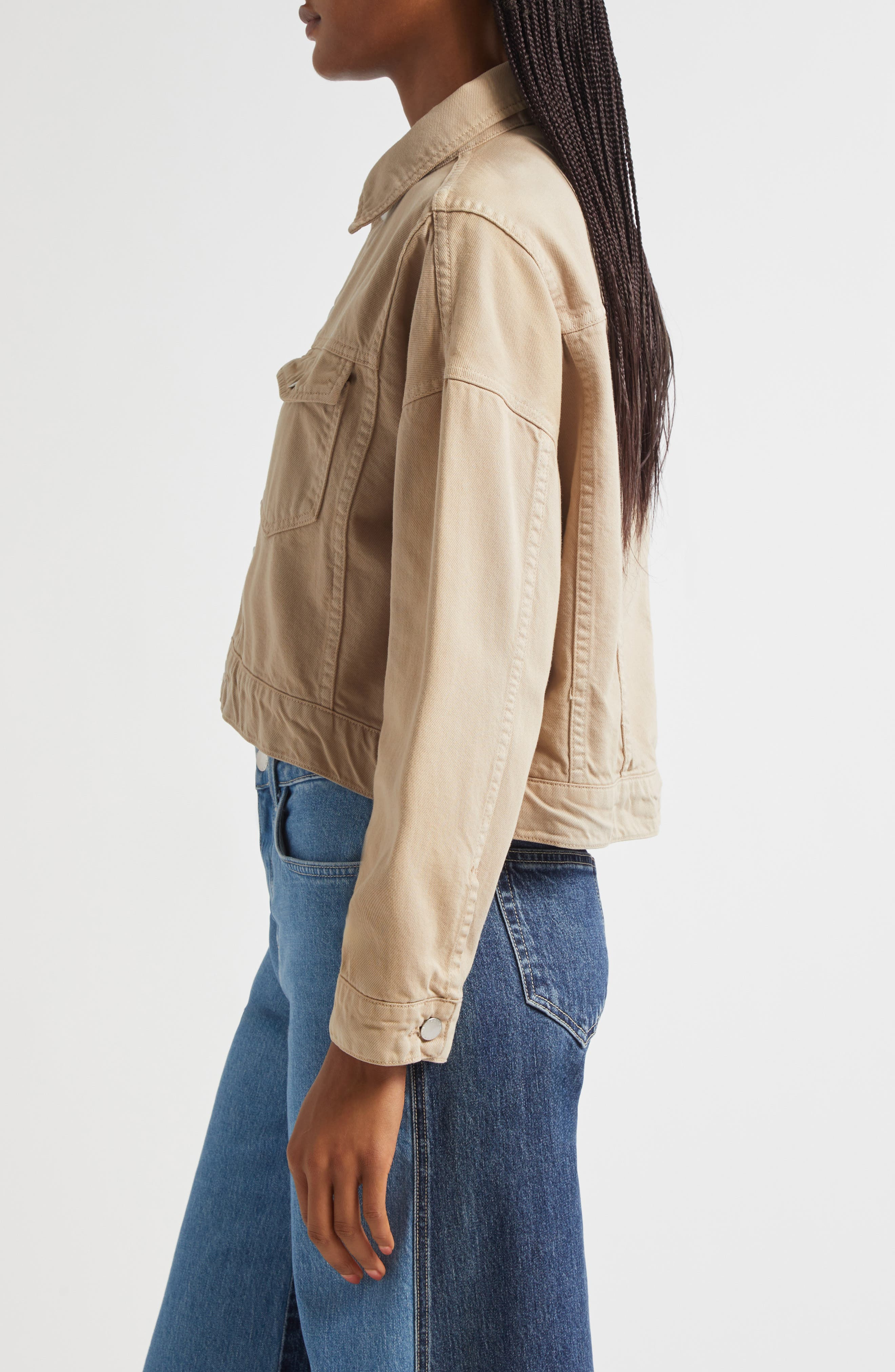L'AGENCE Vianney High-Low Crop Denim Jacket in Pale Khaki at Nordstrom - 3
