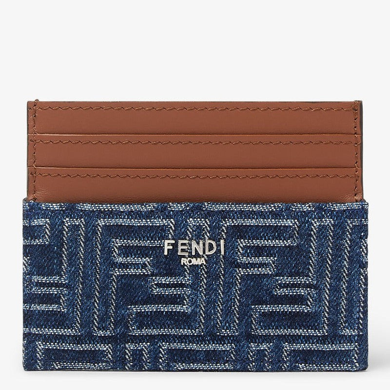 Fendi Blue Denim Effect Ff Jacquard Card Holder And Brown Leather Men - 1