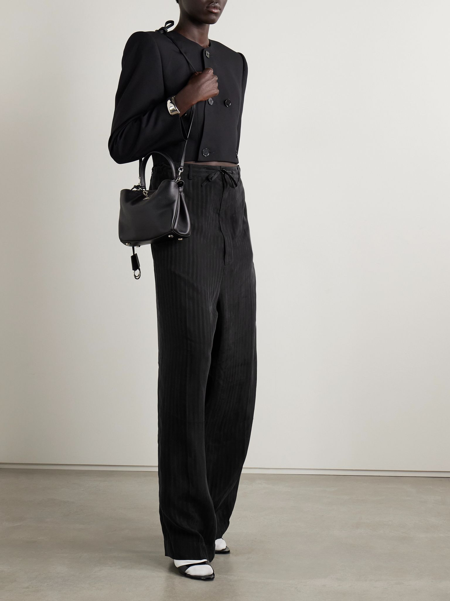 Striped satin-jacquard wide-leg pants Black - 2