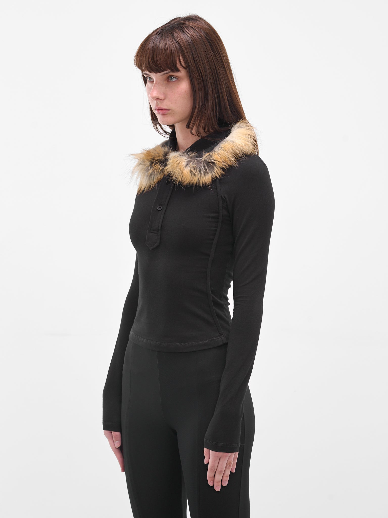 Black Fur Trim Polo Shirt - 2