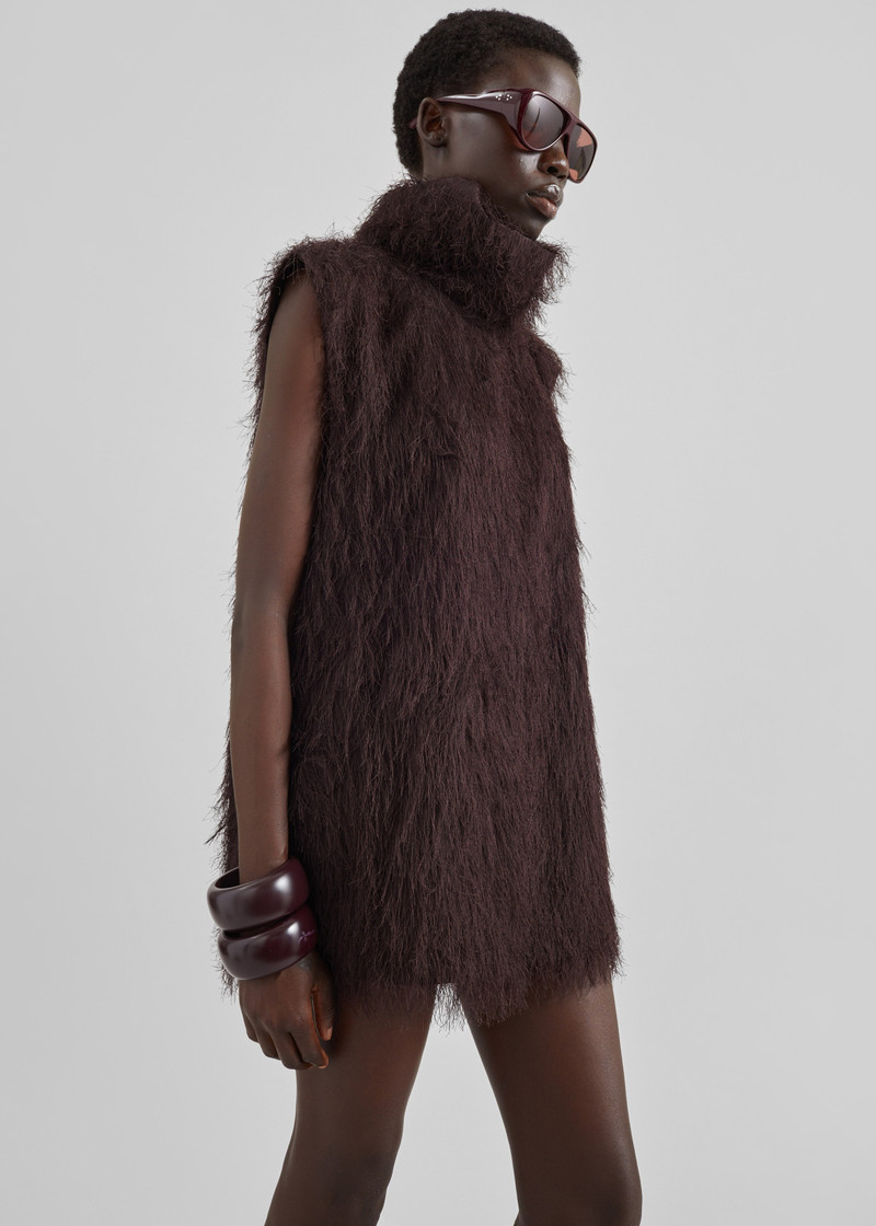 Lancy Fringed Funnel Neck Dress - Dark Brown 6