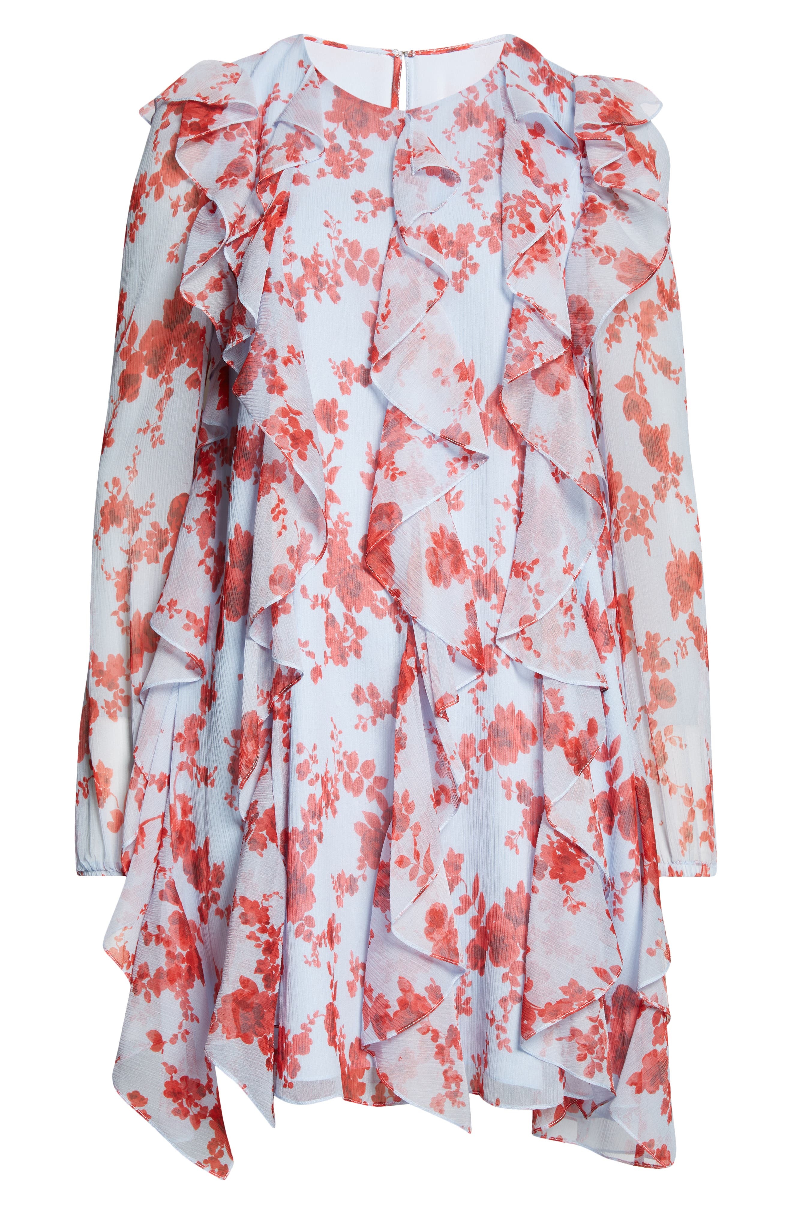 Carolina Herrera Floral Print Long Sleeve Tiered Ruffle Silk Chiffon Minidress in Celeste Multi at N - 5