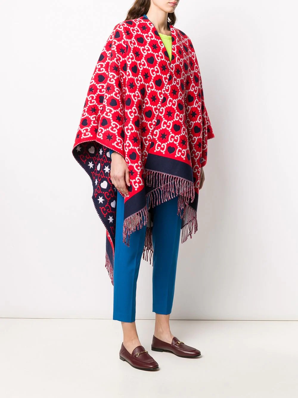 reversible GG fringed poncho - 3