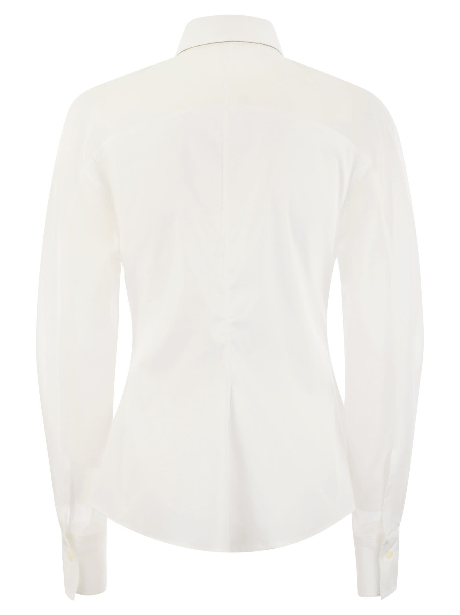 Brunello Cucinelli Women Stretch Cotton Poplin Shirt With Cotton Organza Sleeves And Necklace - 2