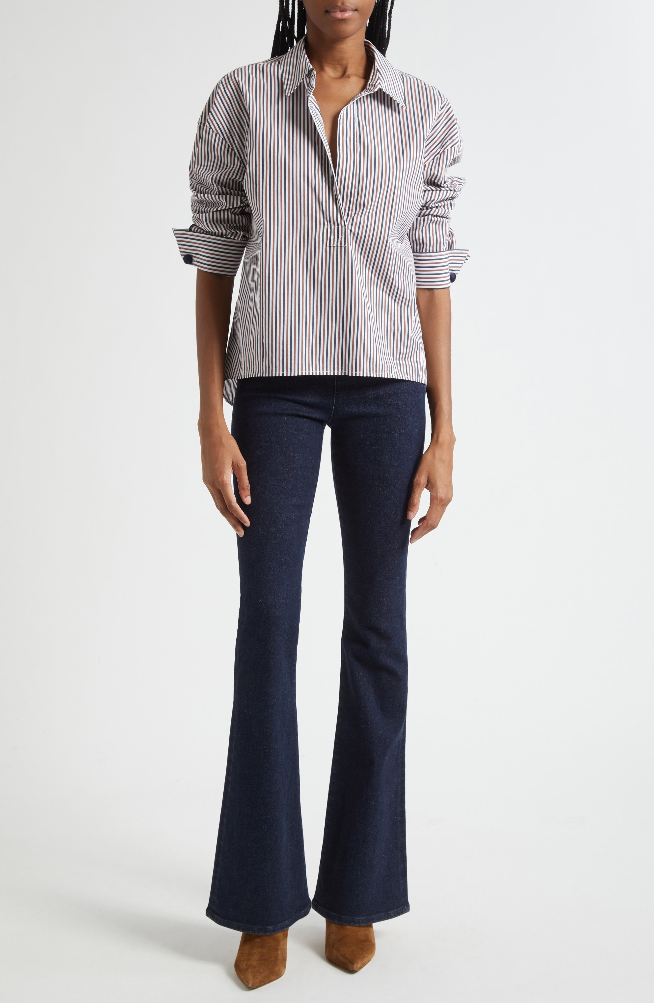 Veronica Beard Draymond Stripe Stretch Cotton Blend Shirt in Navy Brandy Multi at Nordstrom - 2