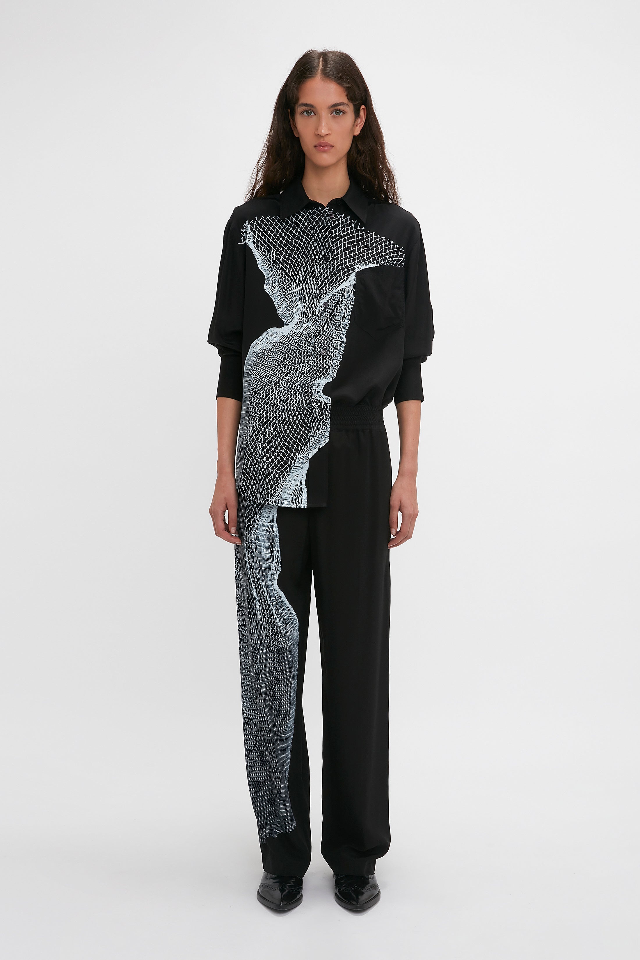 Long Sleeve Pyjama Shirt In Black-White Contorted Net - 2