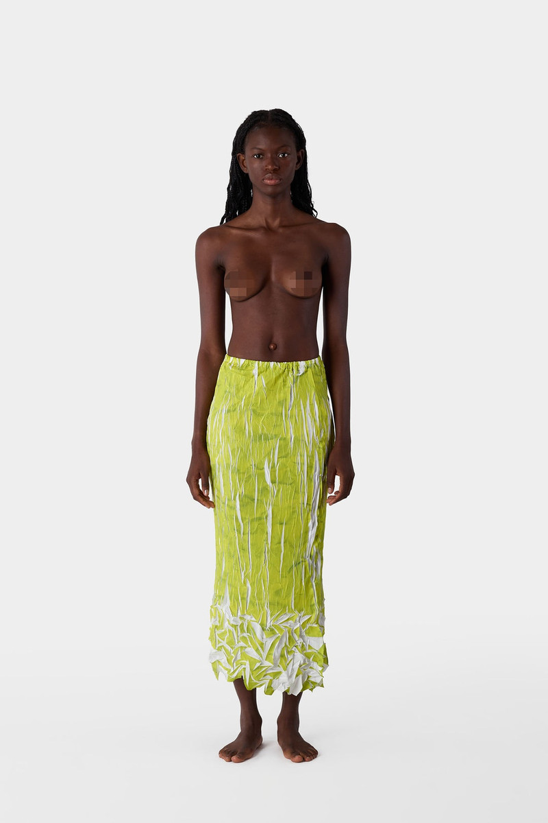 PLEATED SKIRT / green wrinkled print 1