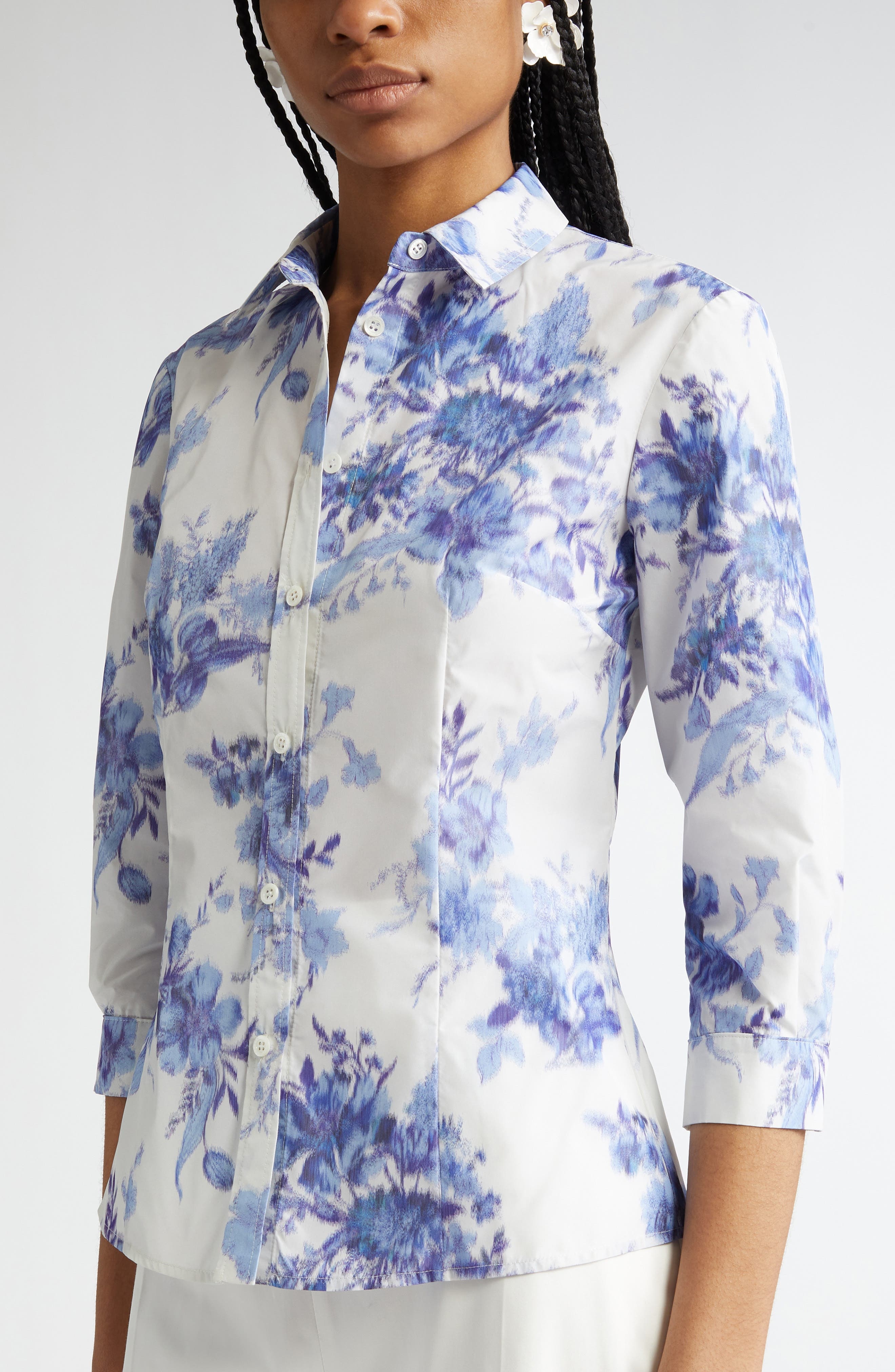 Carolina Herrera Icon Floral Taffeta Button-Up Shirt in Ivory/Blue at Nordstrom - 5