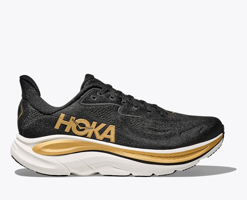 HOKA Men's Clifton 10 Shoes in Black/Gold outlook