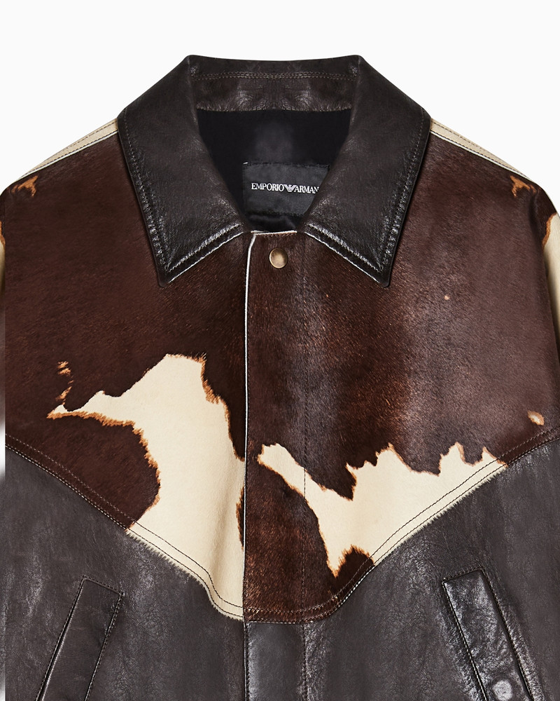 EMPORIO ARMANI BLOUSON JACKET IN WASHED, VEGETABLE-TANNED NAPPA LEATHER WITH A PONYSKIN-EFFECT INSERT outlook