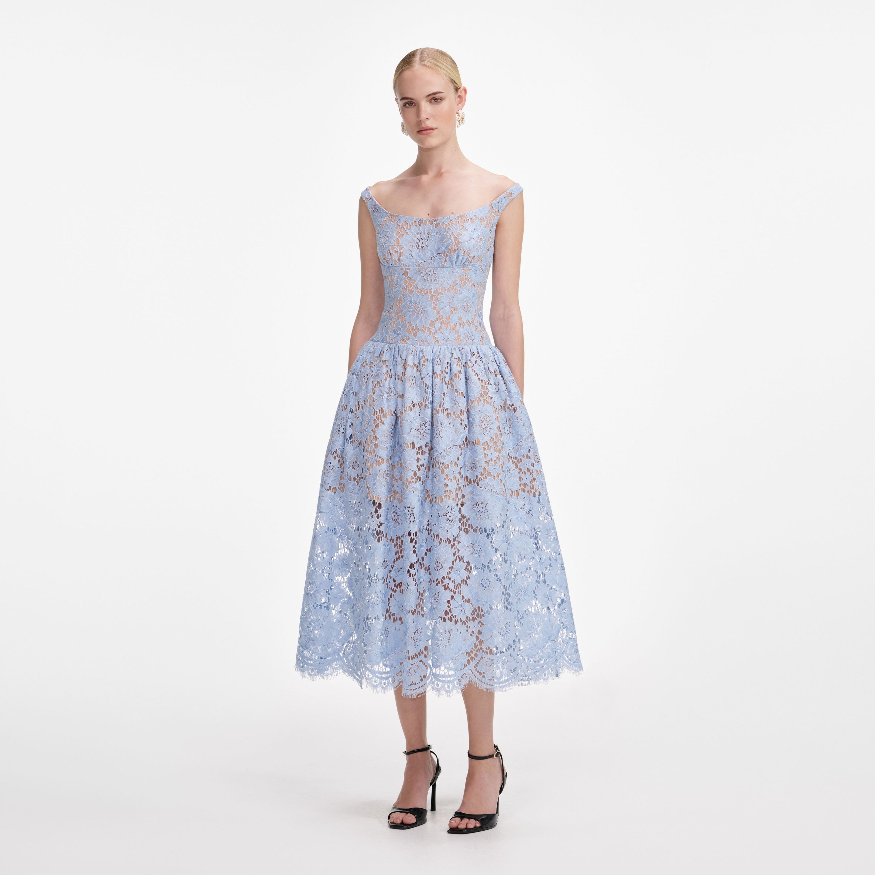 Blue Floral Lace Midi Dress - 2