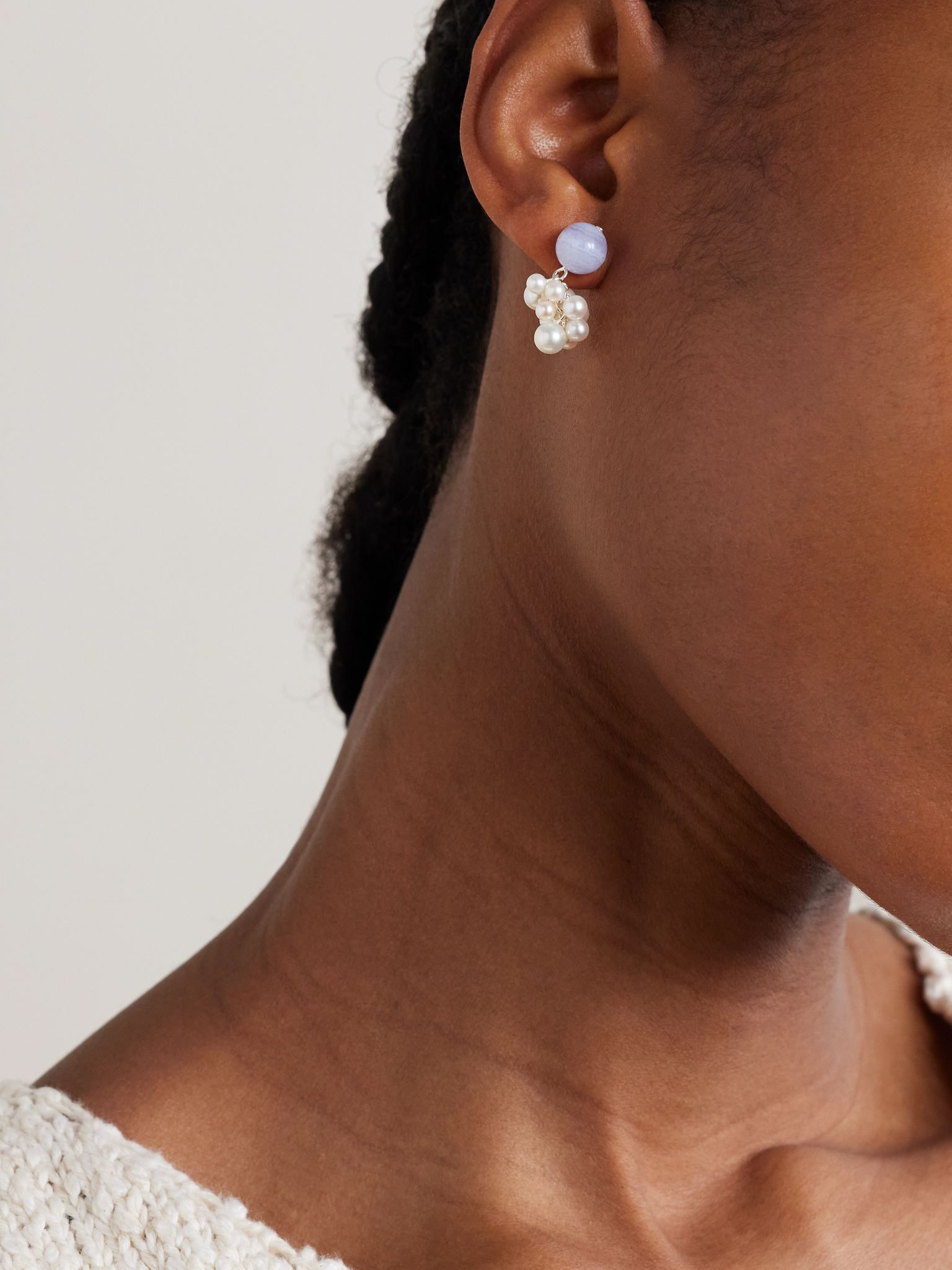 Till The Stars Wane recycled silver, agate and pearl earrings Silver - 2