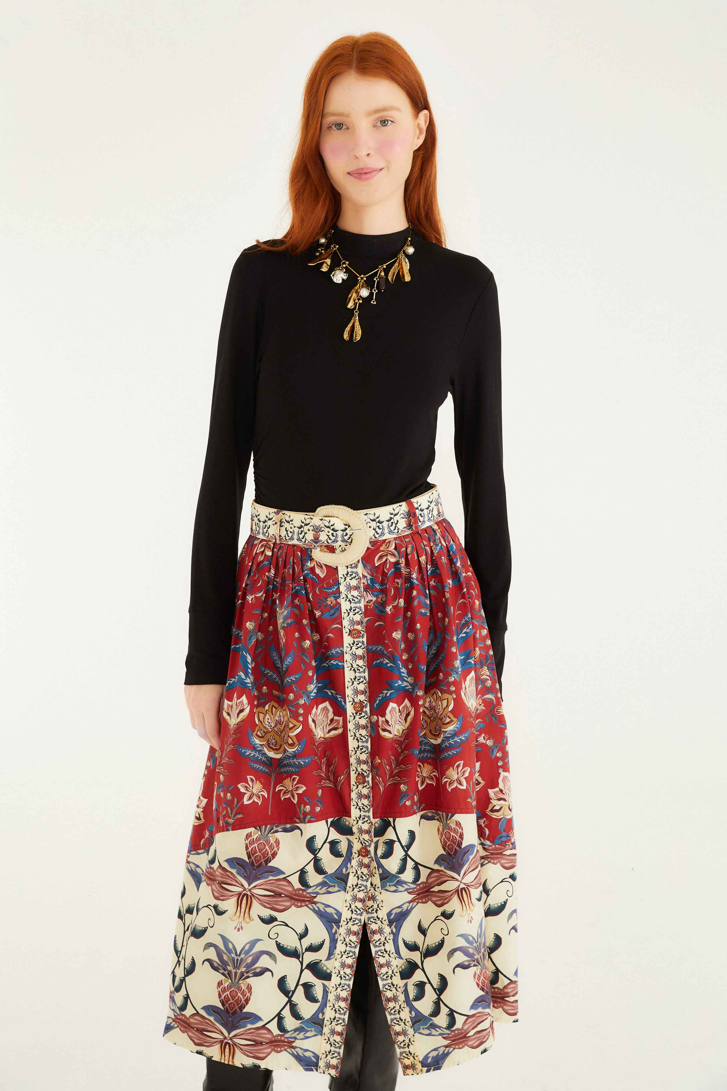 Red Winter Breeze Buttoned Belted Organic Cotton Midi Skirt - 3