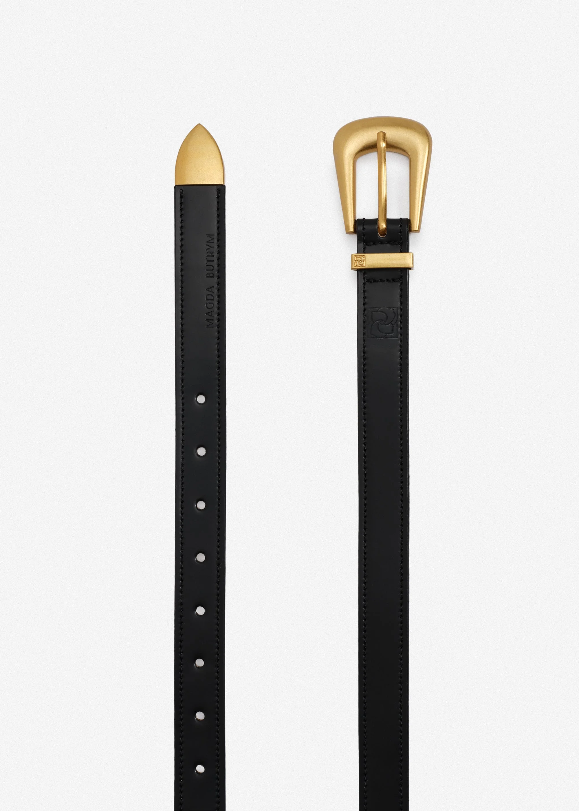 Rounded buckle box leather belt in black and gold - 1