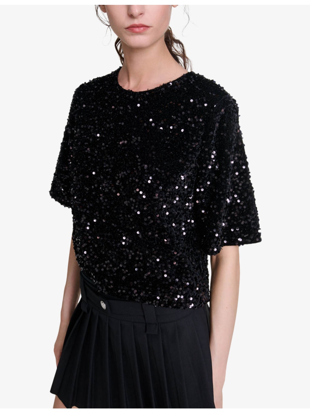 Sequin-embellished short-sleeve velvet top - 5