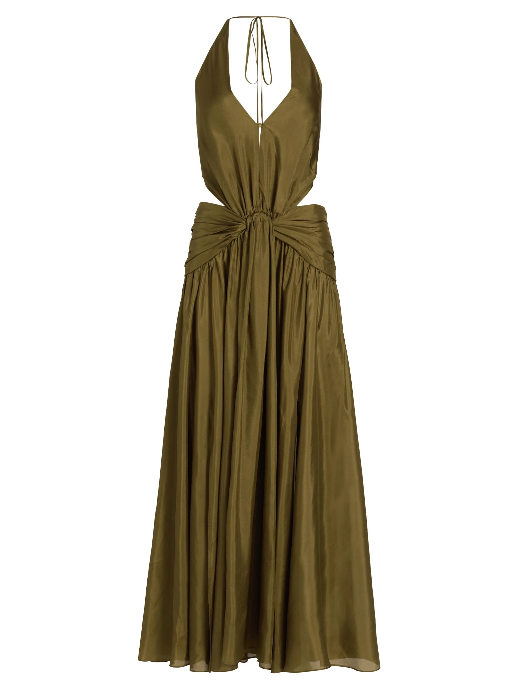 Women's Indra Silk Plunge Halter Maxi Dress - Olive - 1