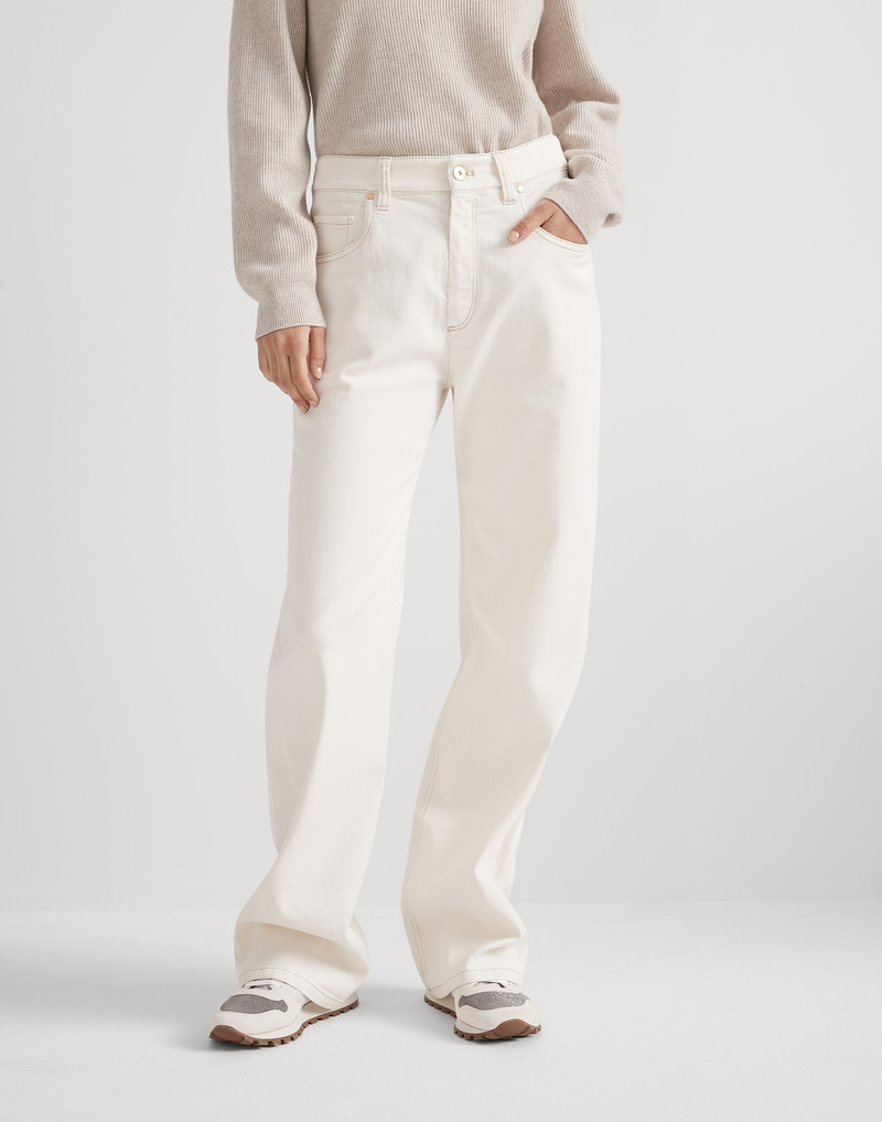 Garment-dyed comfort denim loose trousers with shiny tab 1