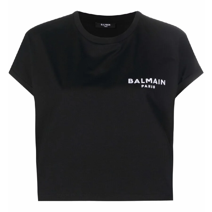Balmain Flock Logo Print Cropped T Shirt - 1