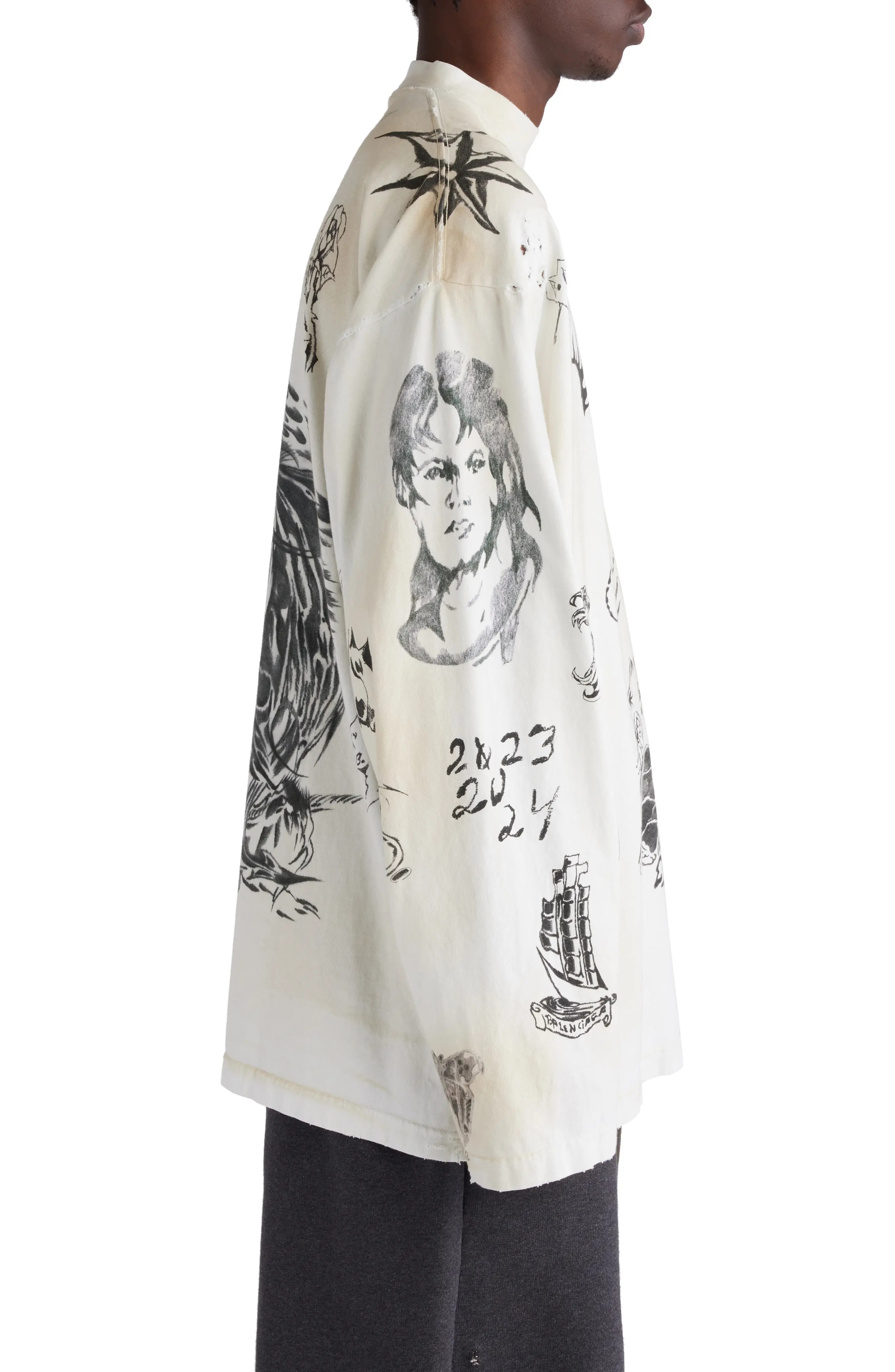 Balenciaga Tattoo Distressed Long Sleeve Cotton Graphic T