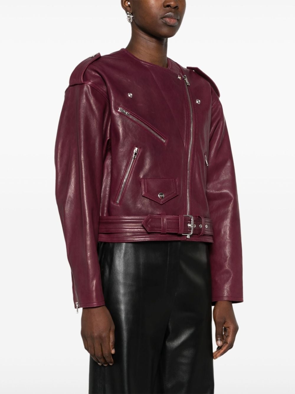 leather cropped biker jacket - 3