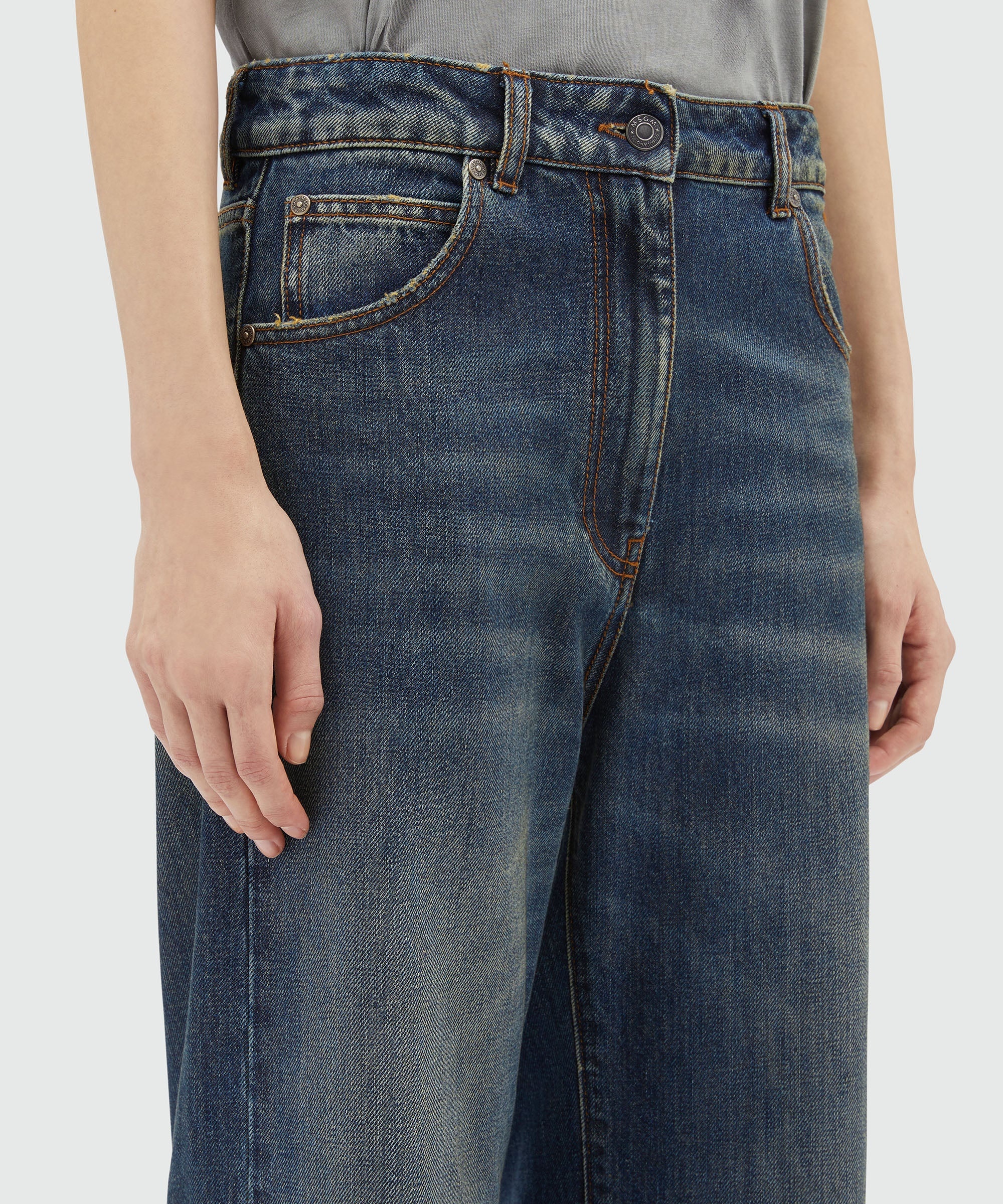 Wide-leg pre-washed effect dark blue denim pants - 5