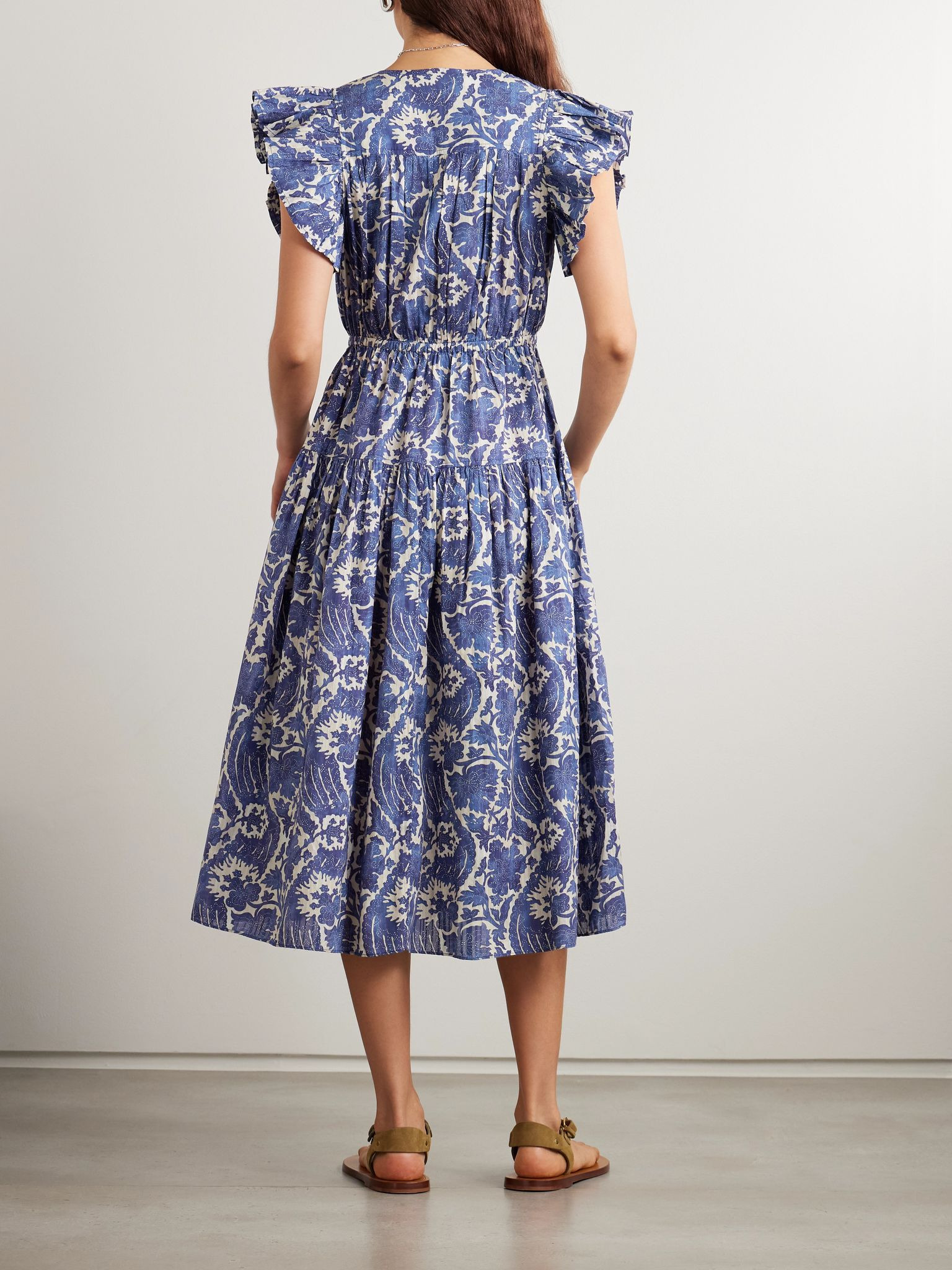 Kairi ruffled tiered floral-print cotton-blend midi dress Blue - 3