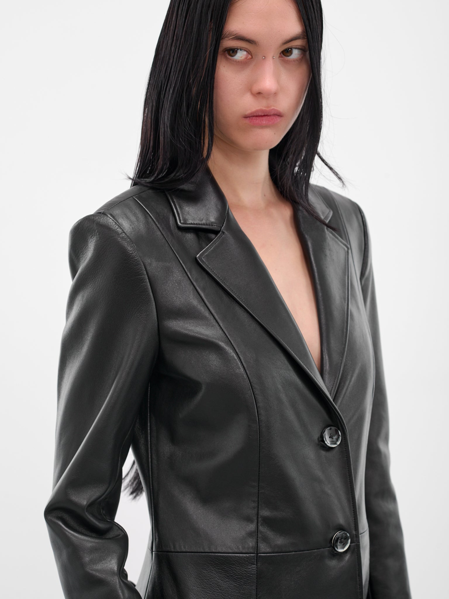 Black Leather Lace-Up Coat - 4