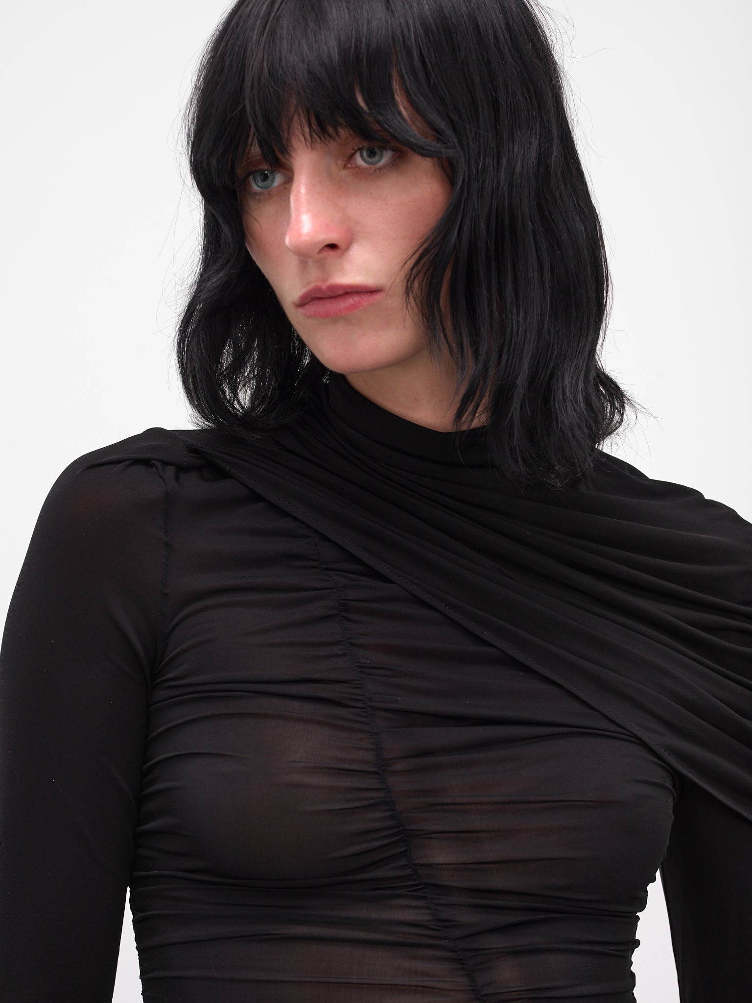 Black Mesh Ruched Cape Blouse - 5