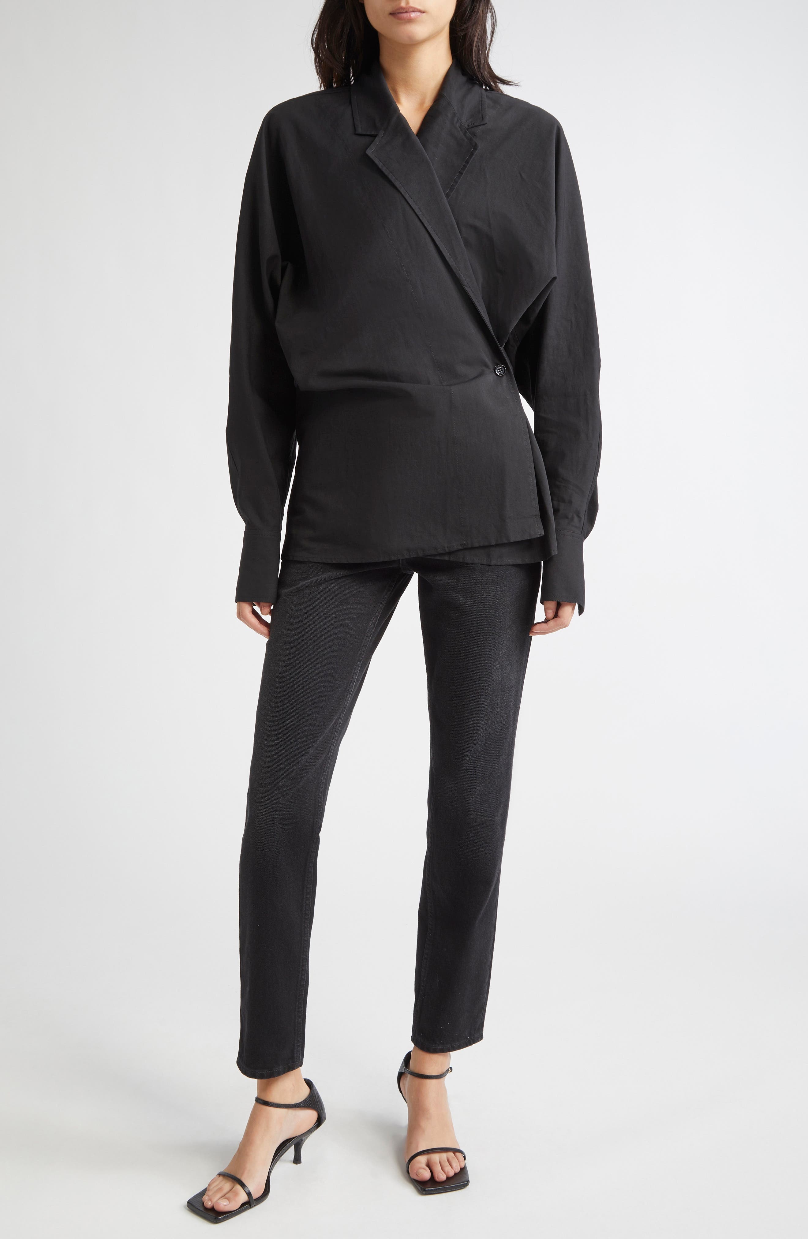 TOTEME Long Sleeve Organic Cotton & Linen Wrap Top in Black at Nordstrom - 2