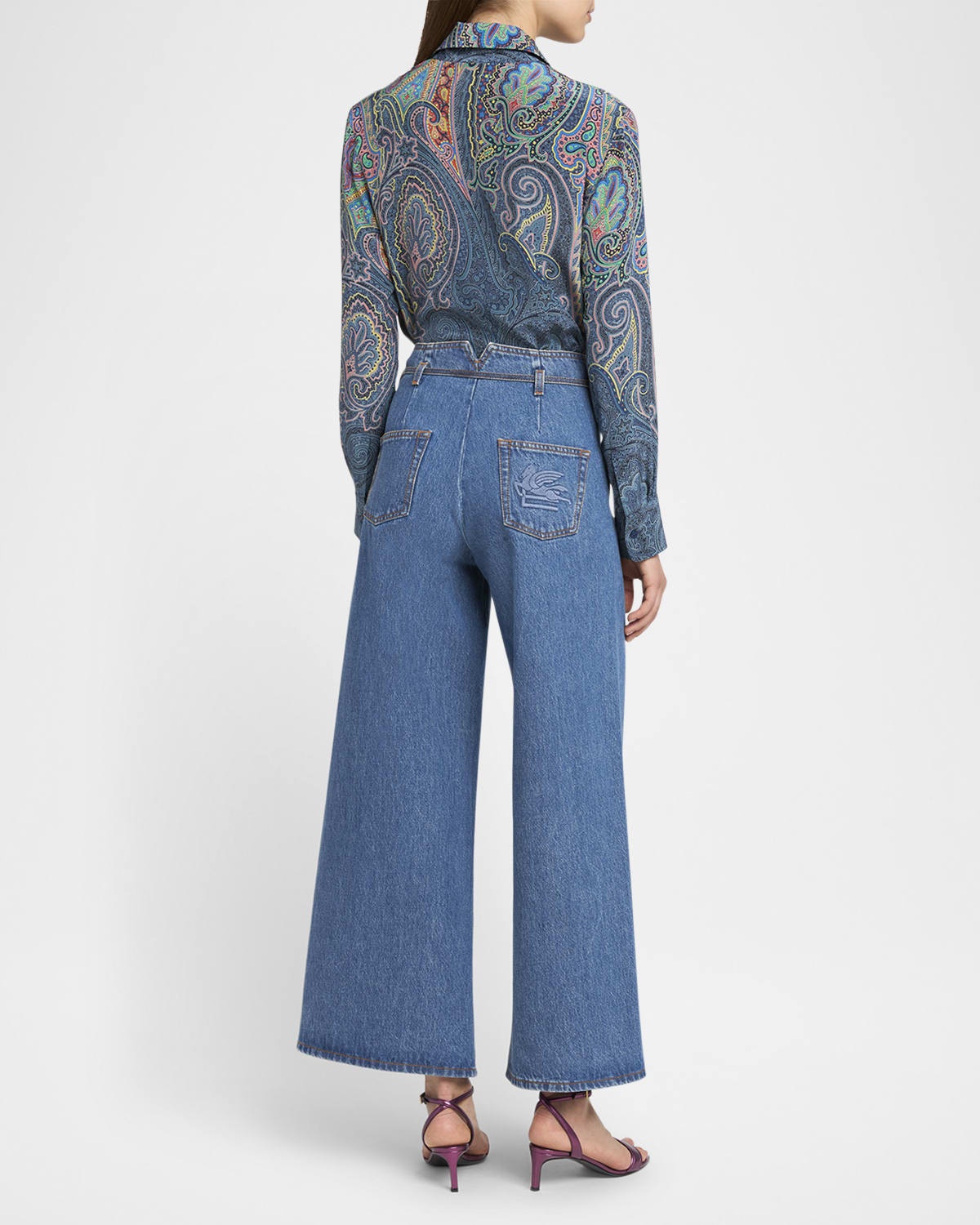 Belted Wide-Leg Crop Denim Trousers - 3