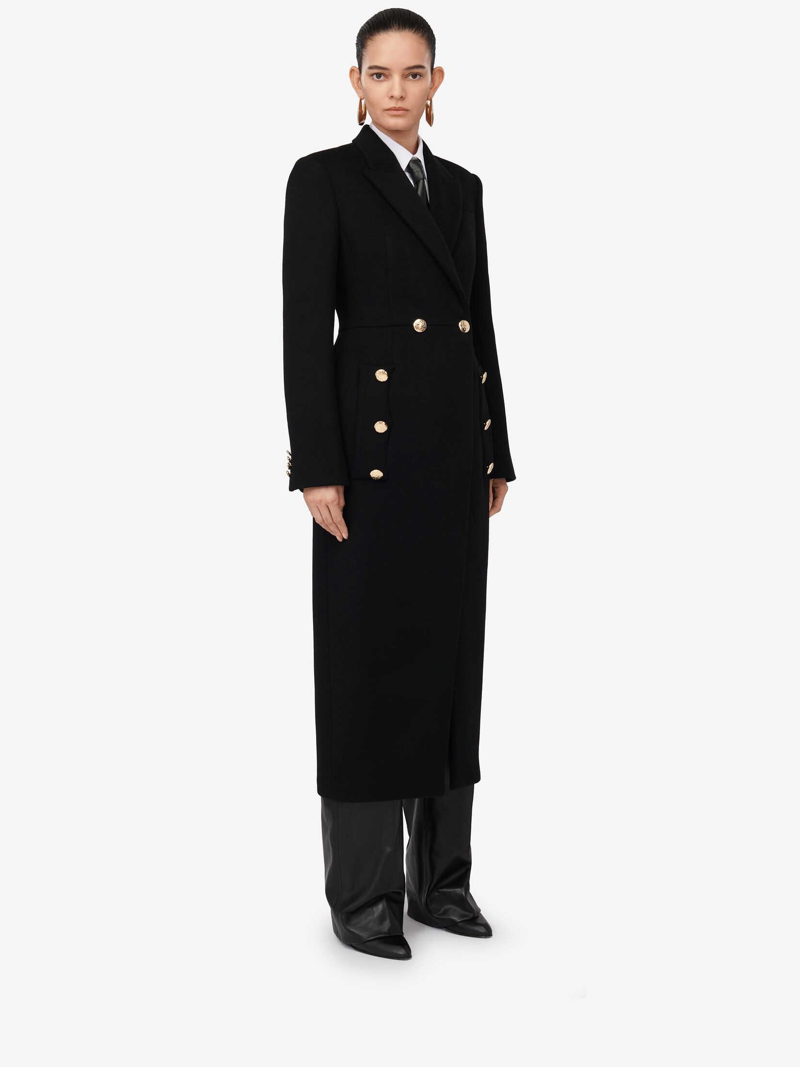 Women's Double-breasted Military Coat in Black - 3